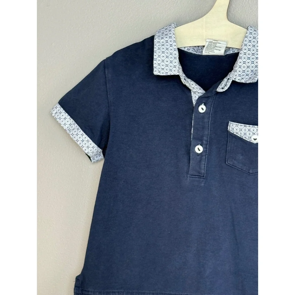 Sarah‎ Louise Girl's Polo Shirt Size 2Y Navy Blue Cotton Blend Geometric Trim